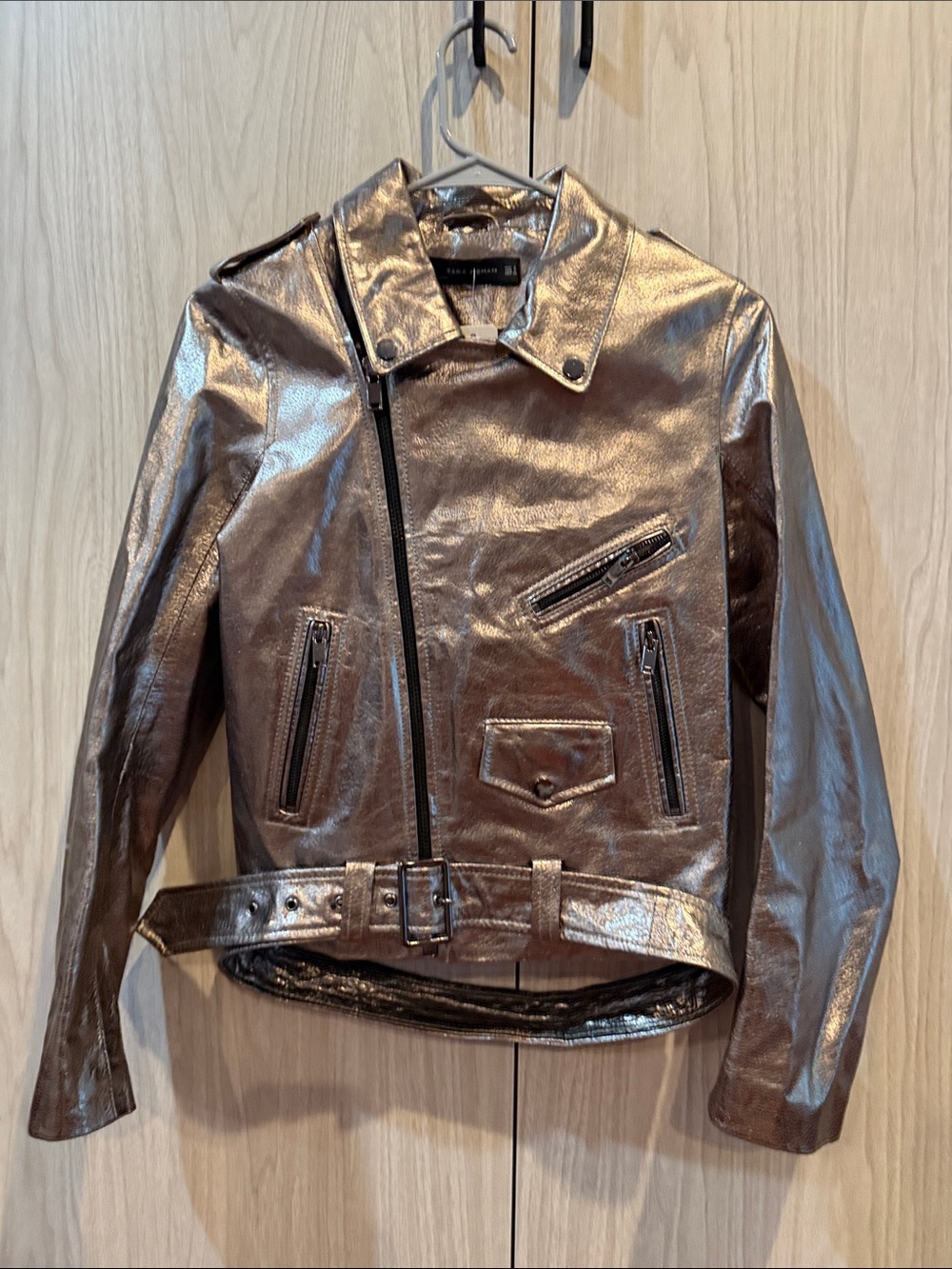 Zara Metallic Brown Leather Moto Jacket with Belted Waist